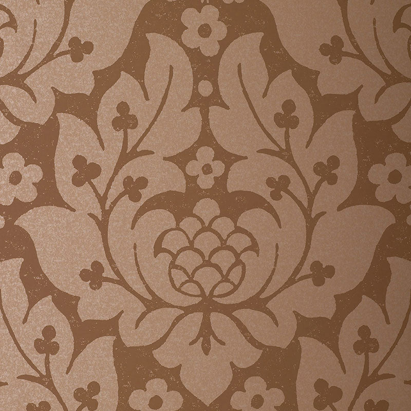 Brown damask wallpaper with ornate floral medallion pattern in warm tan and cocoa tones.