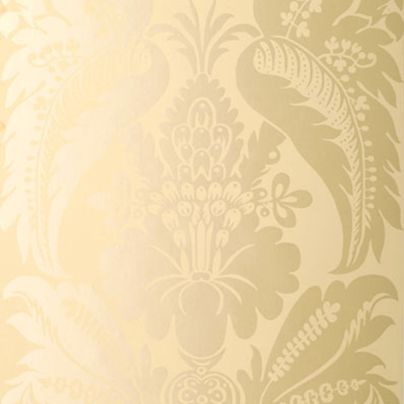 Ivory and pale gold damask wallpaper with an ornate floral pattern.