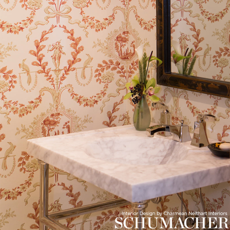 Pink and cream damask wallpaper in Grisaille Jester Arabesque pattern.