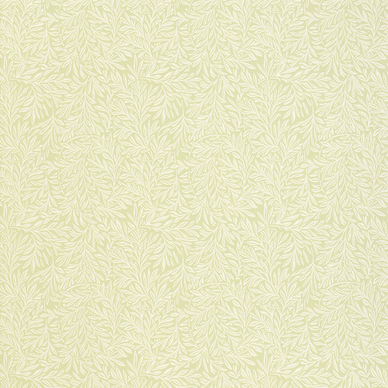 Pale sage wallpaper with a cream leafy botanical pattern and a soft repeating foliage motif.