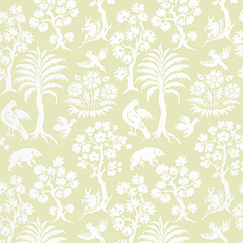 Lime-green damask wallpaper pattern with white palm motifs