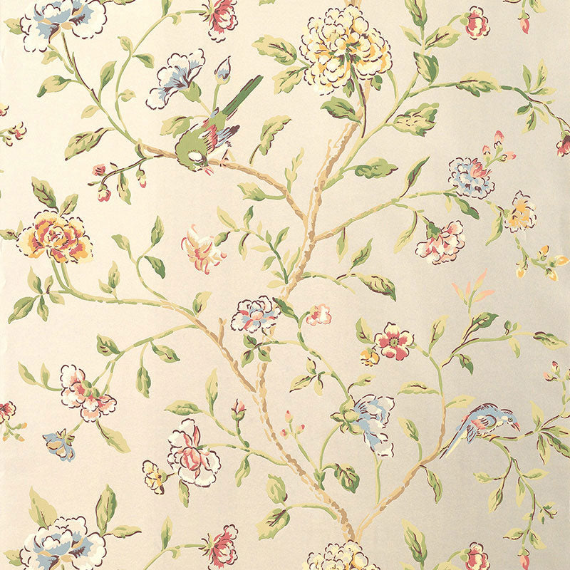 Pastel floral wallpaper: cream background with tan branches, pink/yellow/blue blossoms, green leaves, and small birds.