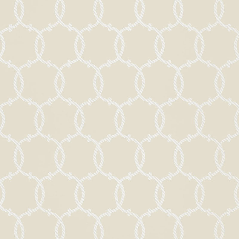 Beige wallpaper with white interlocking ring trellis pattern, decorative geometric damask style.