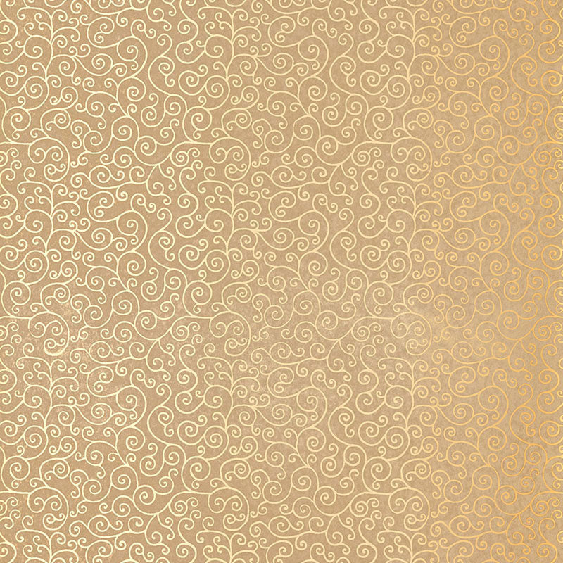 Golden gradient wallpaper with a gilt scroll pattern in a repeating ornate motif.