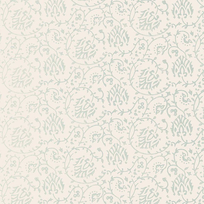 Cream background with pale teal damask floral pattern and decorative scrolls; suitable for wallpaper or fabric.