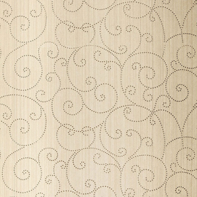 Beige textured wallpaper with dotted swirling vine pattern in neutral tones.