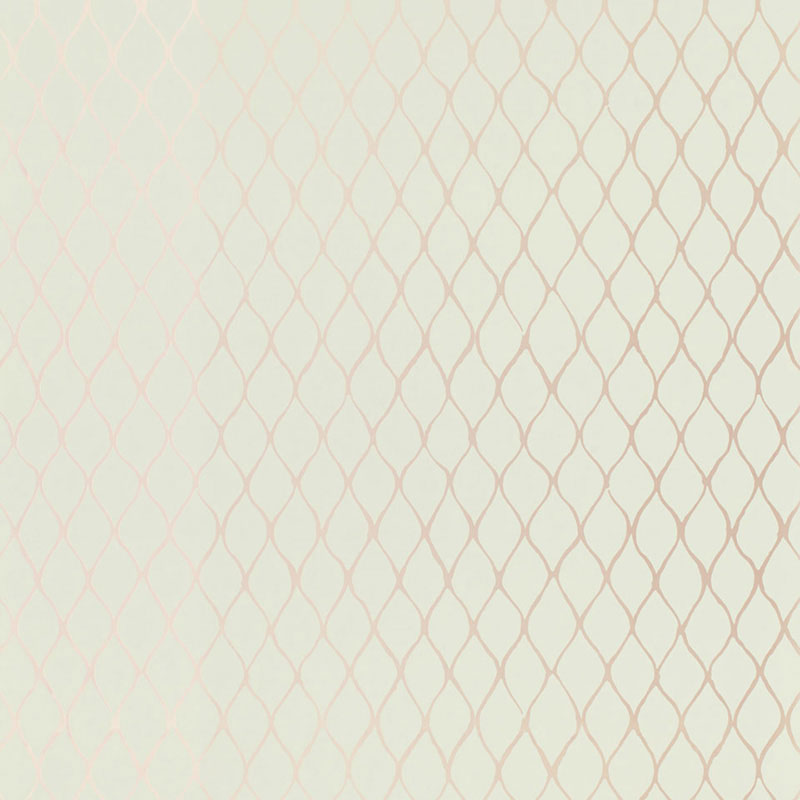 Pale beige wallpaper with thin pink oval lattice pattern for a soft decorative look.
