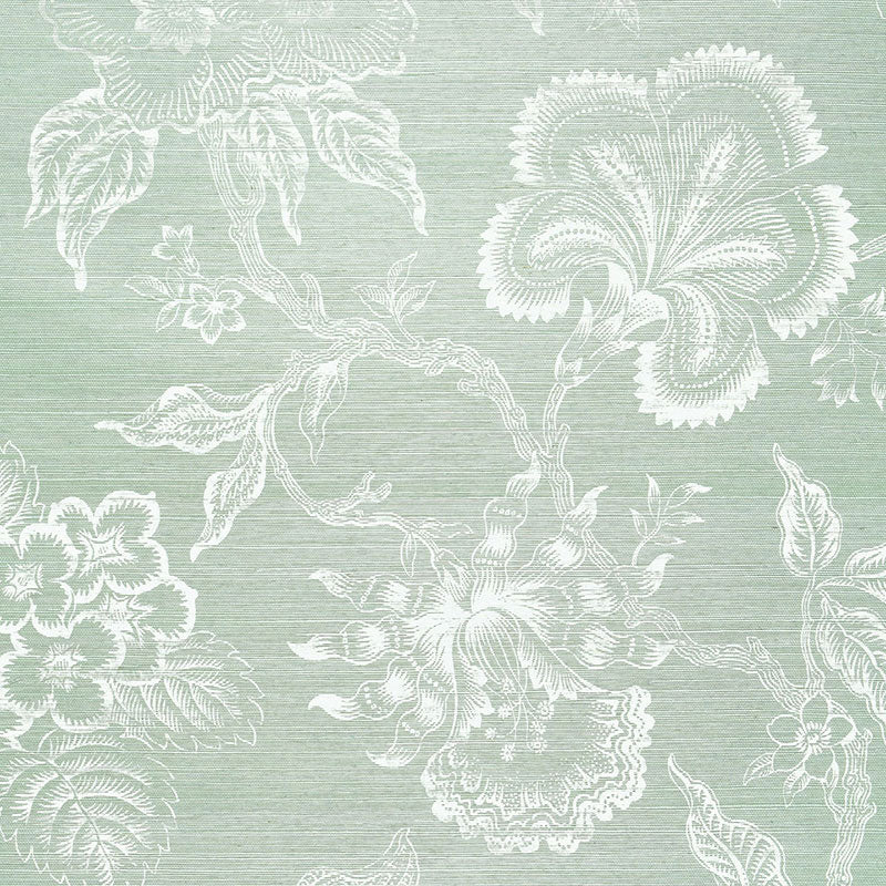 Mint green textured fabric with white damask floral pattern.