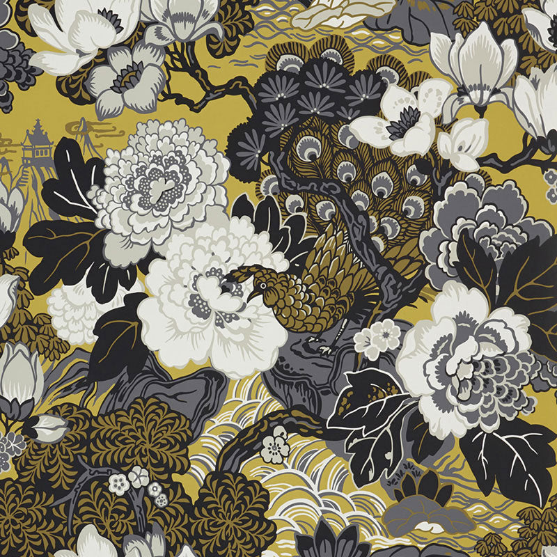 SCHUMACHER WALLCOVERING EXUBERANT PRINTS SHANGHAI PEACOCK BRASS - 5006991
