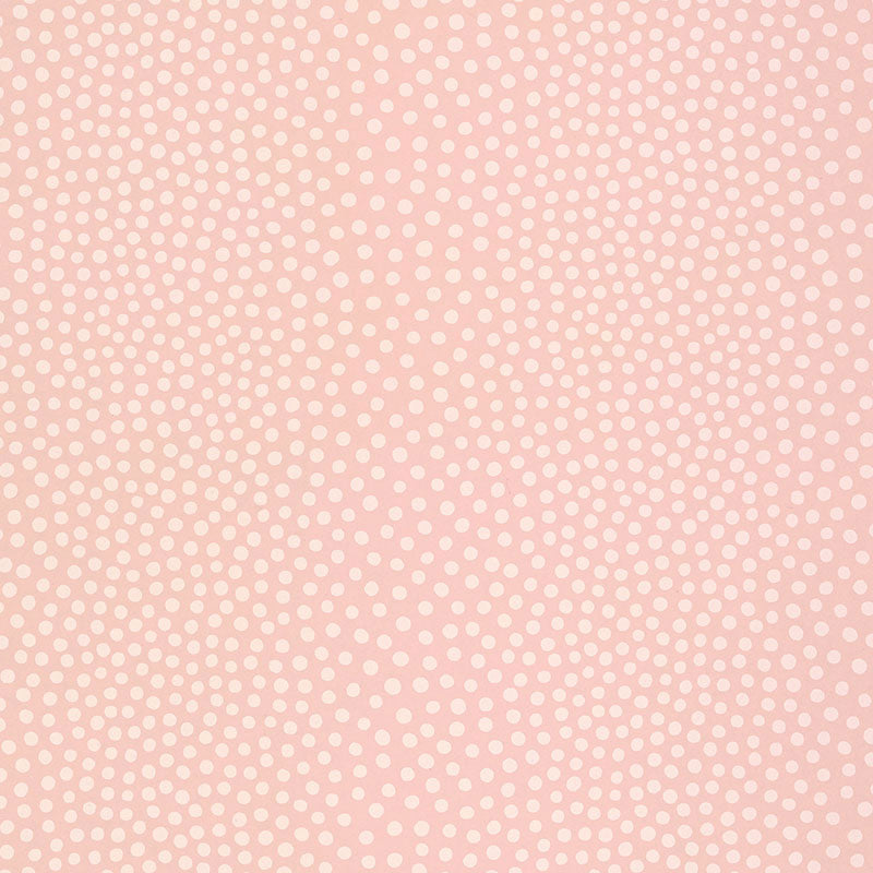 Pastel pink wallpaper with white polka-dot side borders on both edges.