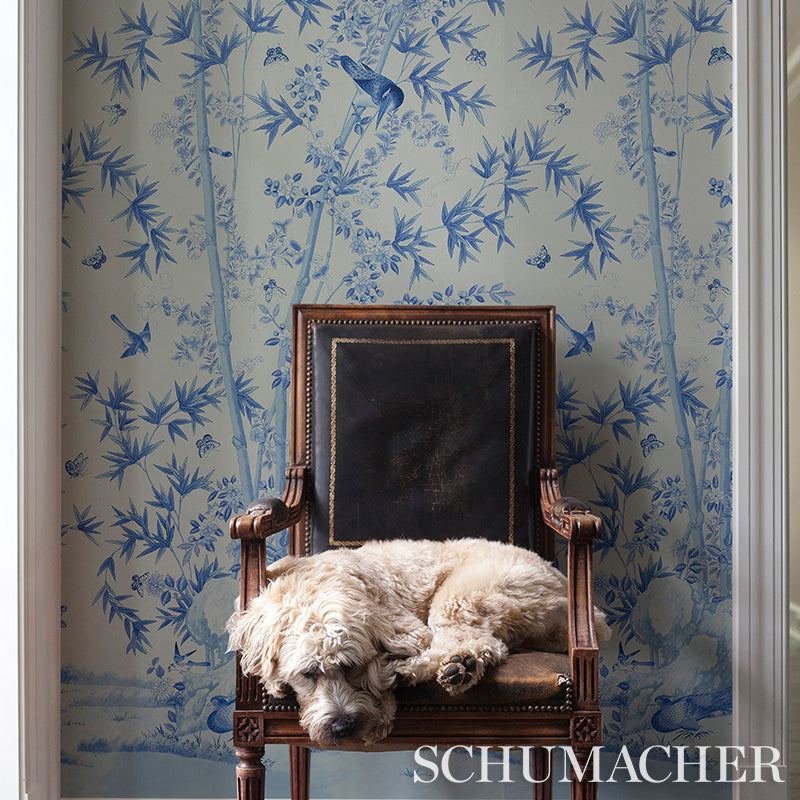 Fluffy beige dog napping on an ornate carved dark wood armchair with black leather seat against blue bamboo wallpaper.