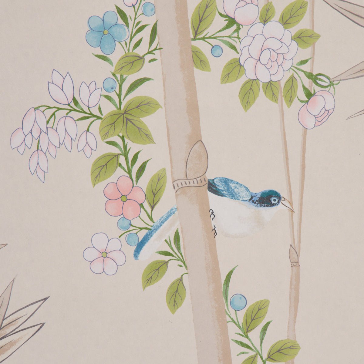 Pastel botanical print with bamboo stalks, pink/white blossoms, green leaves, and a small blue kingfisher.