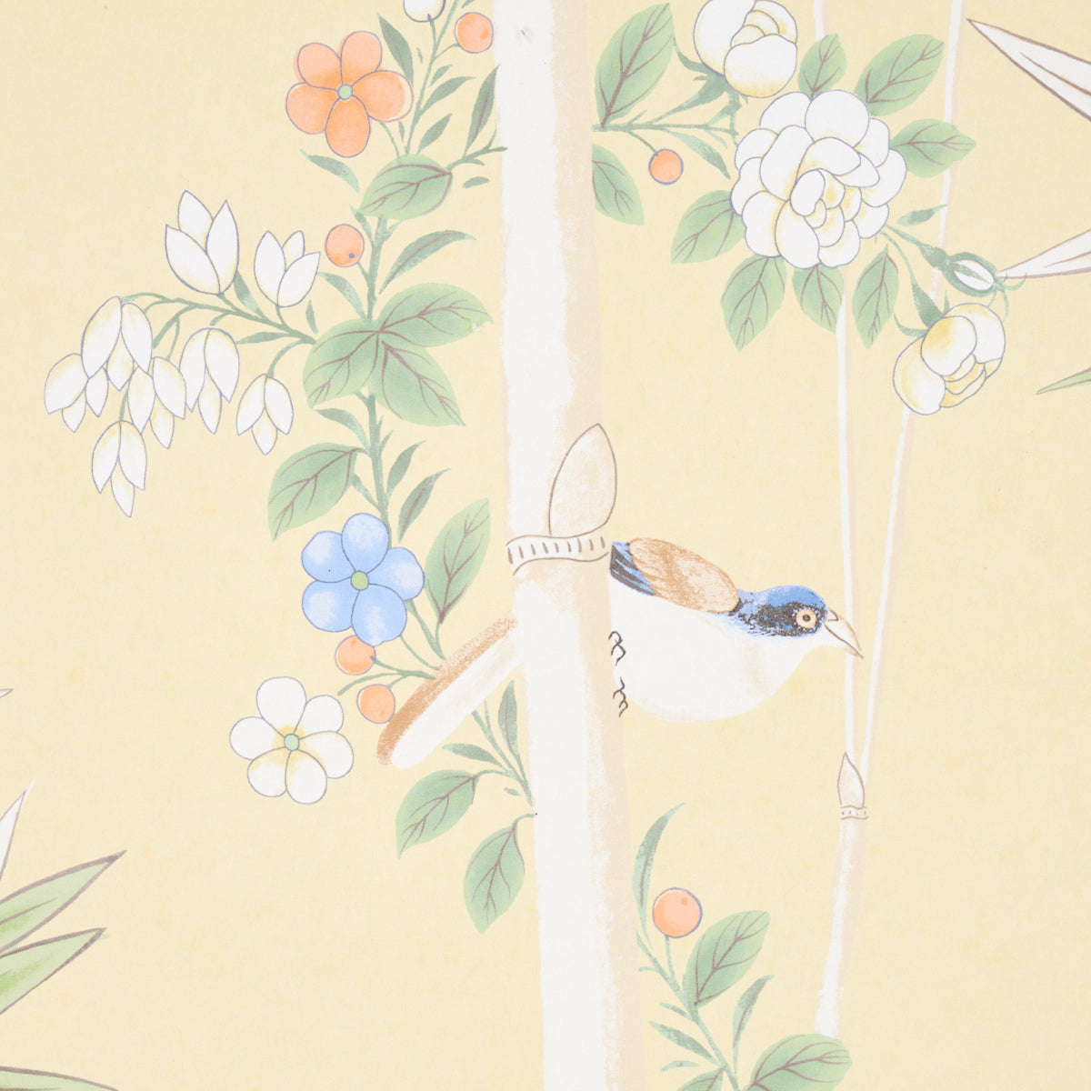 Pastel botanical wallpaper showing a small blue-and-white bird perched on a pale branch amid white, blue and orange flowers.