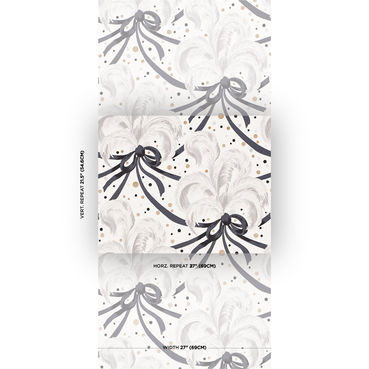Vertical wallpaper panel with pale ivory background, grey floral motifs and dark navy ribbon bows with gold specks.