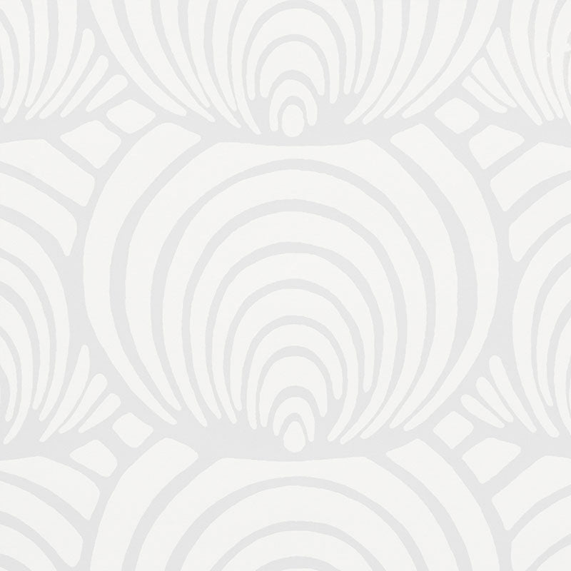 Soft gray and white wallpaper with repeating shell-like concentric arcs in an Art Deco pattern.