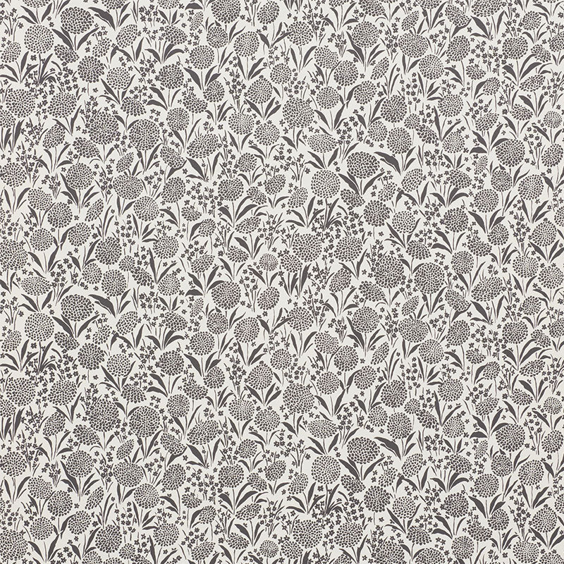 Dense charcoal chrysanthemum floral pattern with clustered blooms and leaves on a light background, wallpaper.