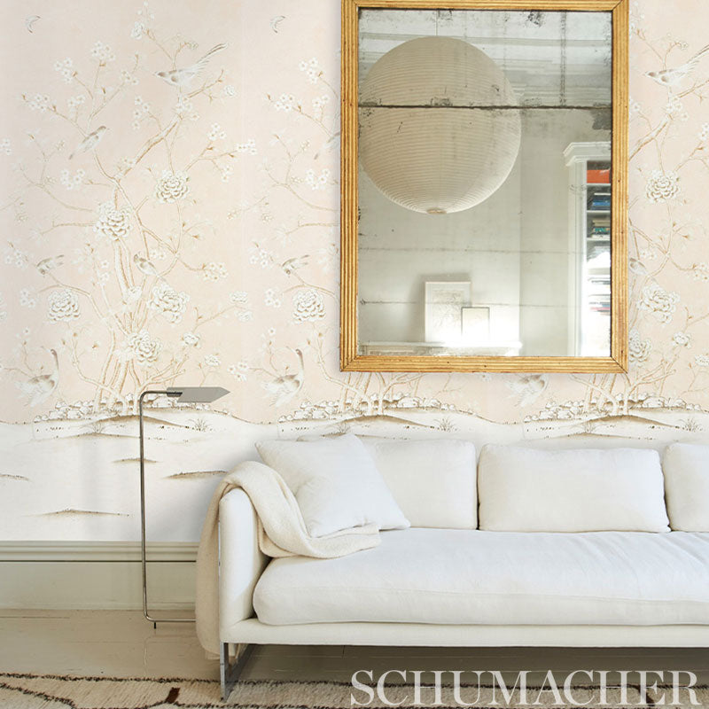 SCHUMACHER SILVER LINING PERFORMANCE WALLCOVERINGS CHINOIS PALAIS VINYL PANEL BLUSH - 5010160