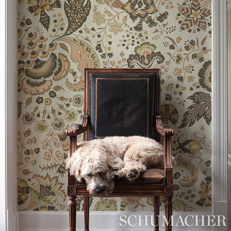 Antique carved wood armchair with black leather cushions; a fluffy light dog naps on it against floral wallpaper.