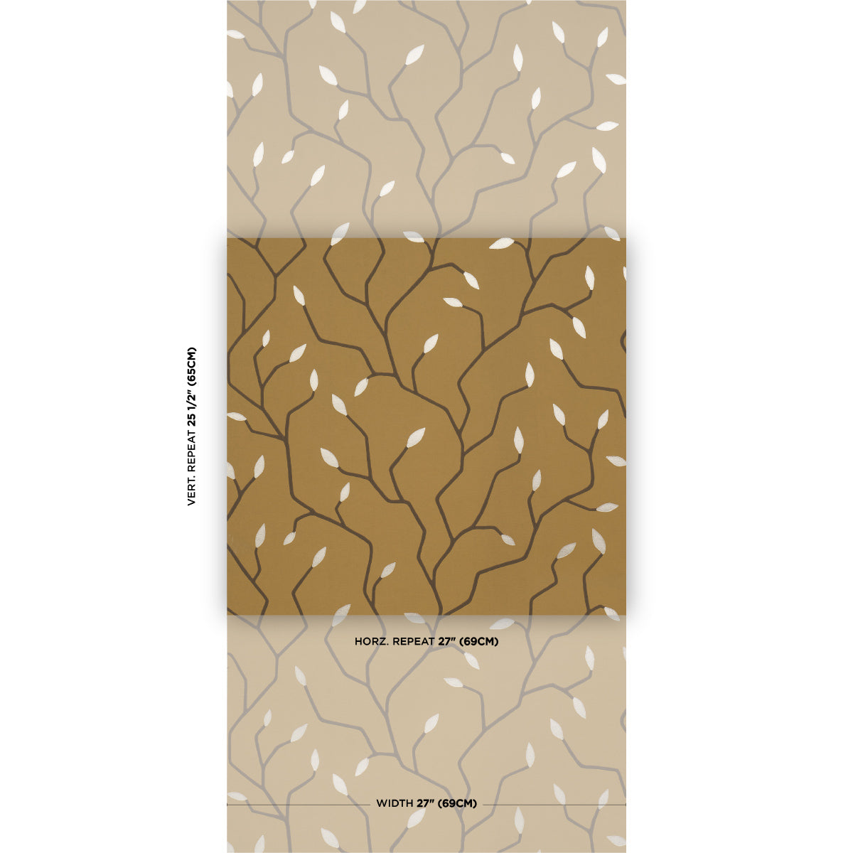 Three-panel wallpaper swatch with branchy pattern and white leaves in beige and tan tones.