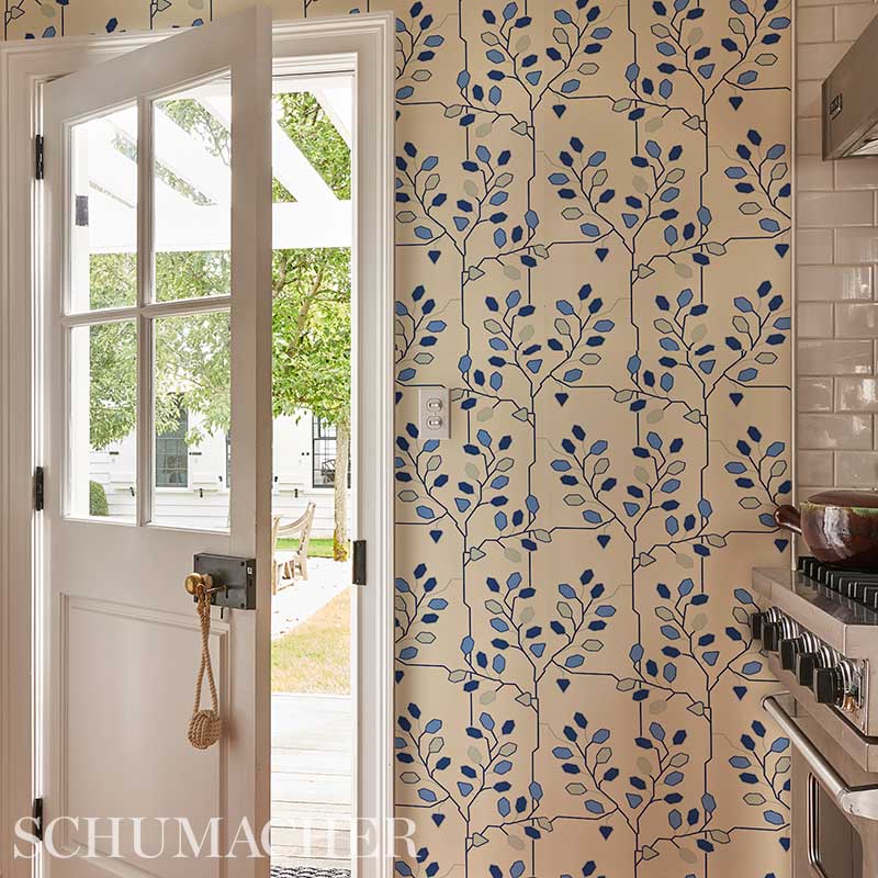 Neisha Crosland Tumble Weed Delft Blue Schumacher designer wallpaper with elegant arboreal espalier pattern, perfect for stylish accent walls and luxury interiors.