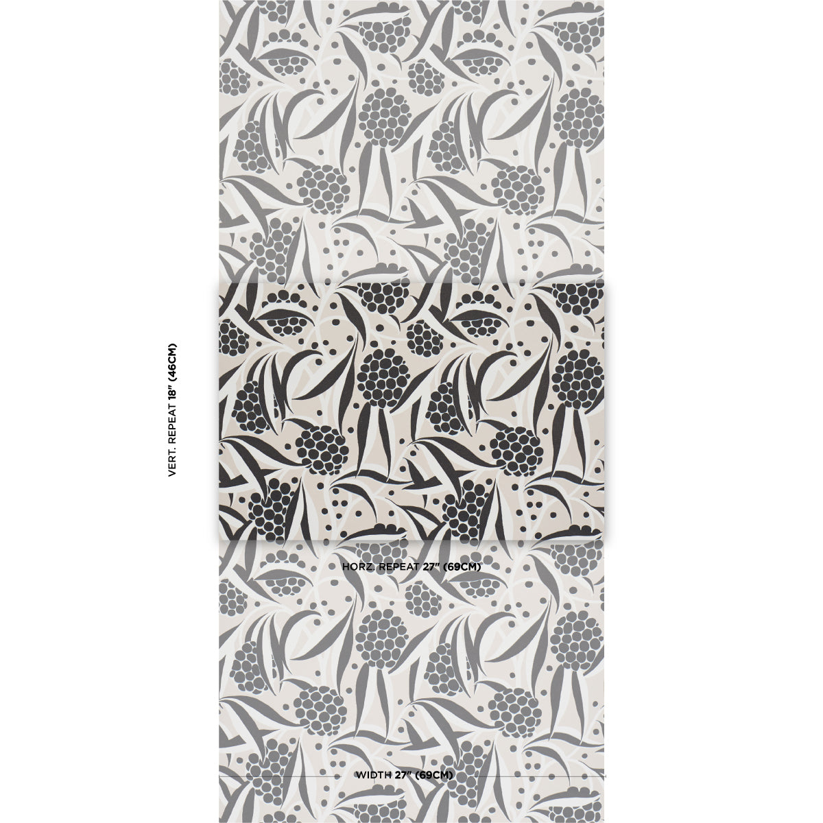 Grey botanical pattern with stylized leaves & berry clusters in a repeating design, suitable for wallpaper or fabric.