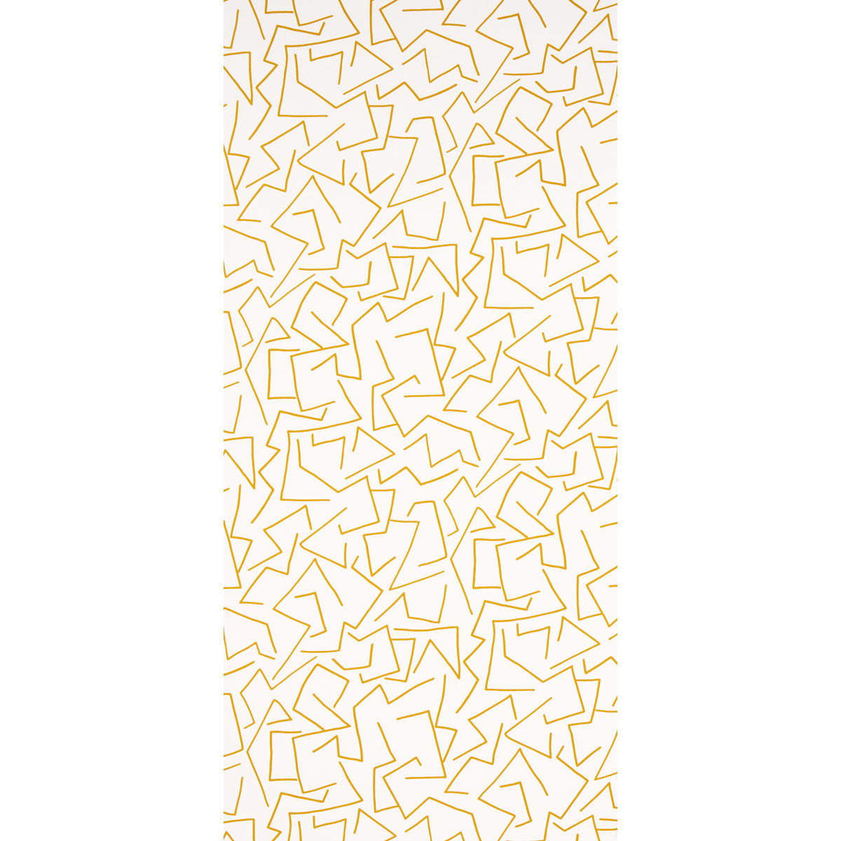 Gold geometric zigzag lines forming triangles on white, abstract wallpaper pattern.