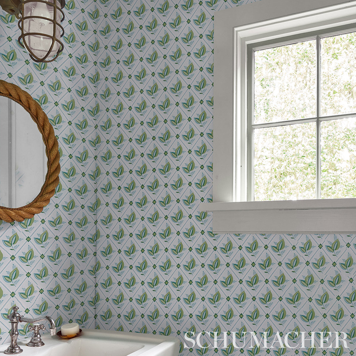 SCHUMACHER WALLCOVERING NEW TRADITIONAL: PROVEN?????AL BASILE TRELLIS LEAF & AQUA - 5014231