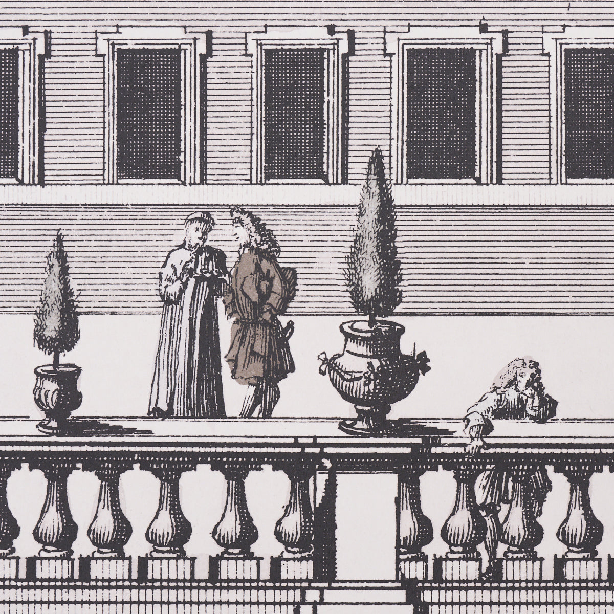 Vintage engraving of two women in period dresses on a terrace with potted trees & a balustrade, a small dog nearby.