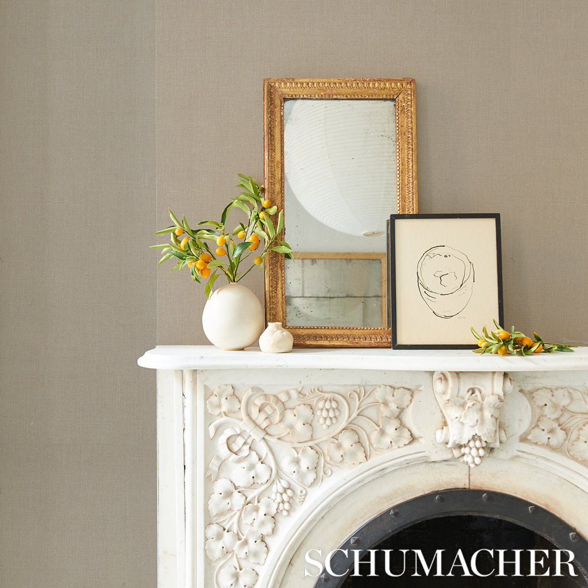 Linen wallcovering swatch in flax color with subtle fabric texture