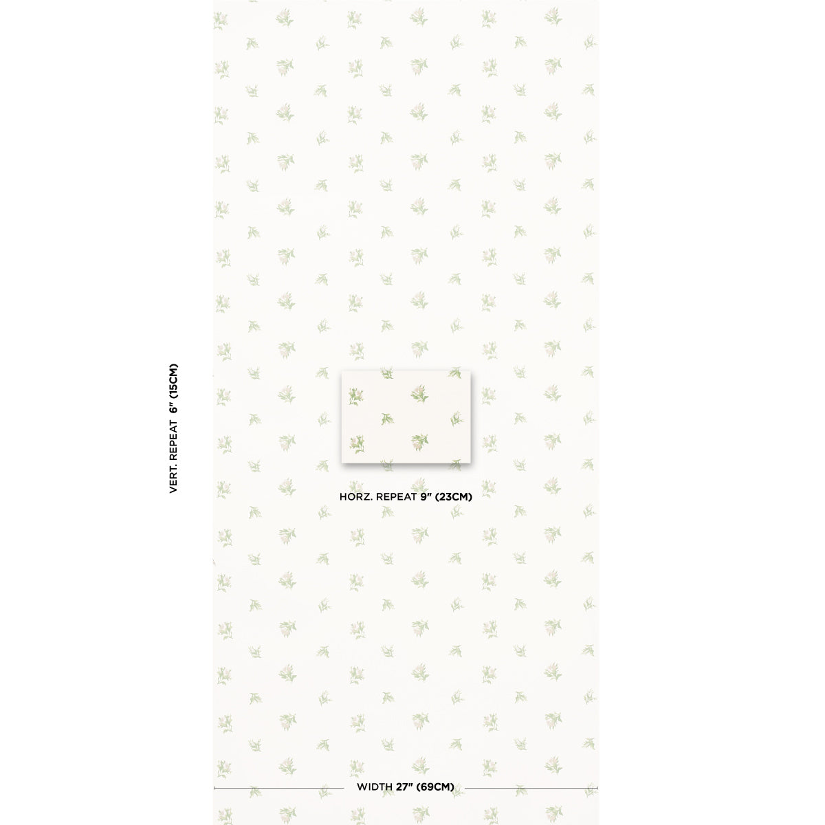 Cream wallpaper with tiny pale gold florals in a delicate allover repeat; central swatch shows 9" horizontal repeat