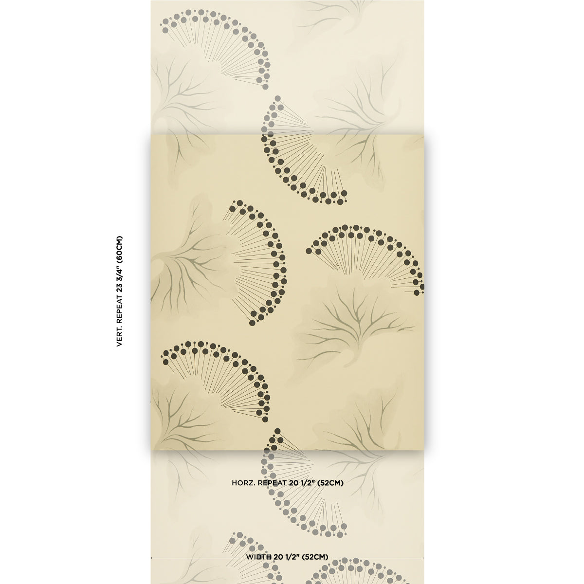 Beige gift wrap featuring dotted semicircle fan motifs and pale botanical sketches.