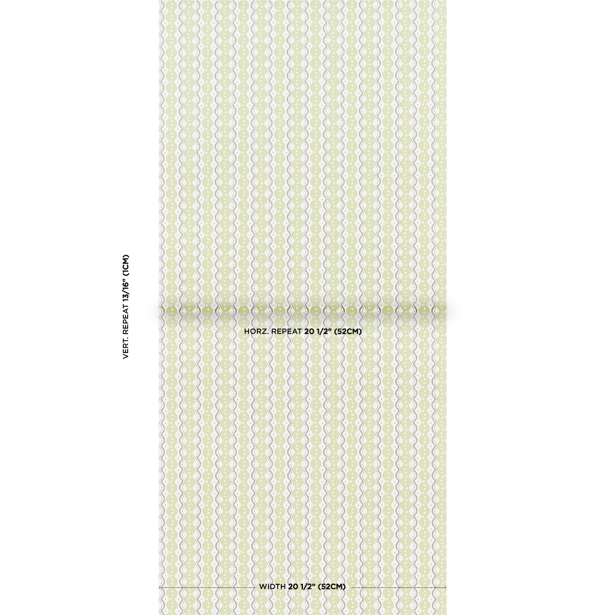 Pea green wallpaper with a vertical centipede stripe pattern; vintage style, roll width 20.5 in.