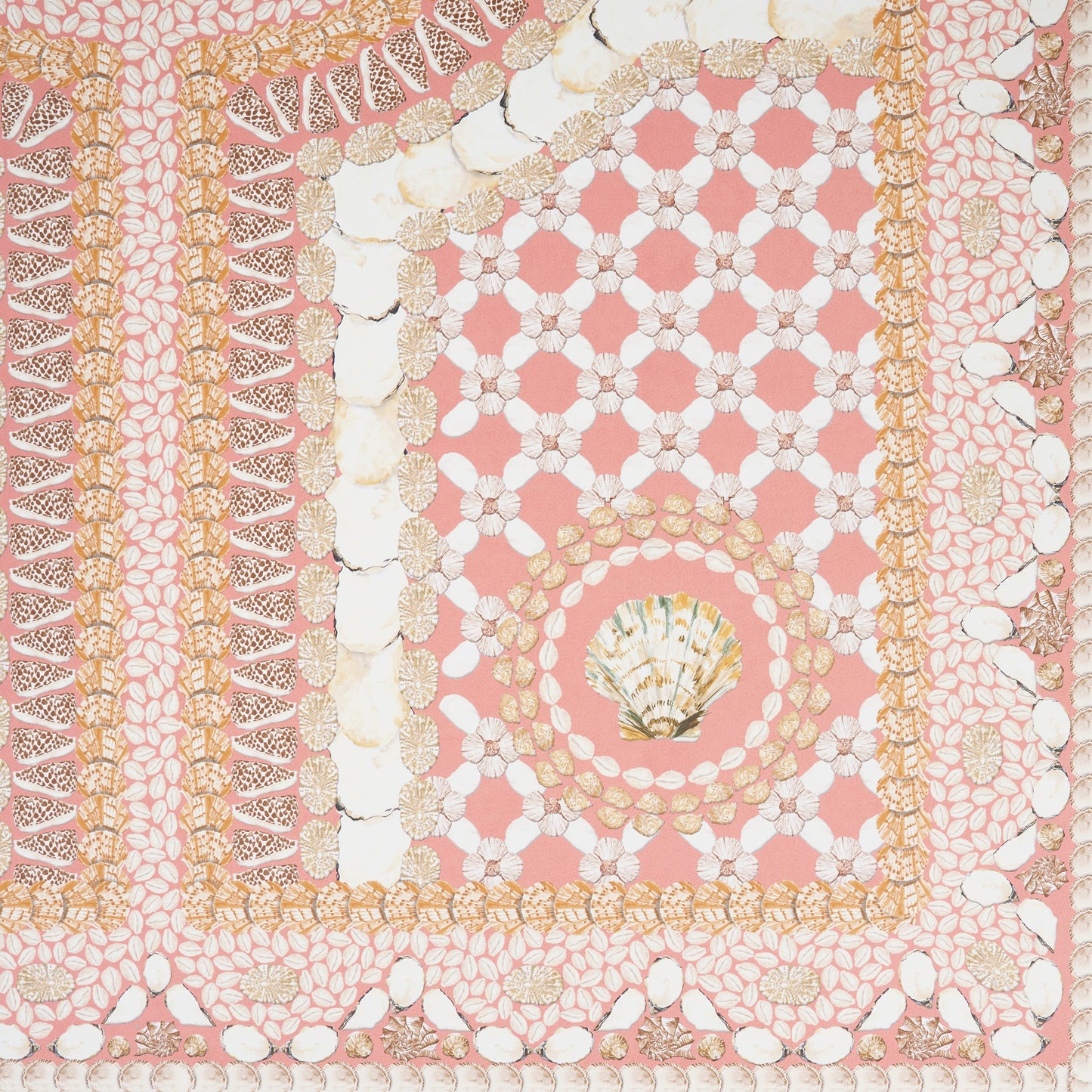 Coral pink panel with a seashell lattice pattern, white shells, gold borders and a central shell medallion.