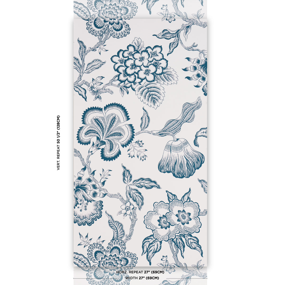 Blue floral toile wallpaper panel on white with a peacock silhouette; chinoiserie-inspired botanical design.