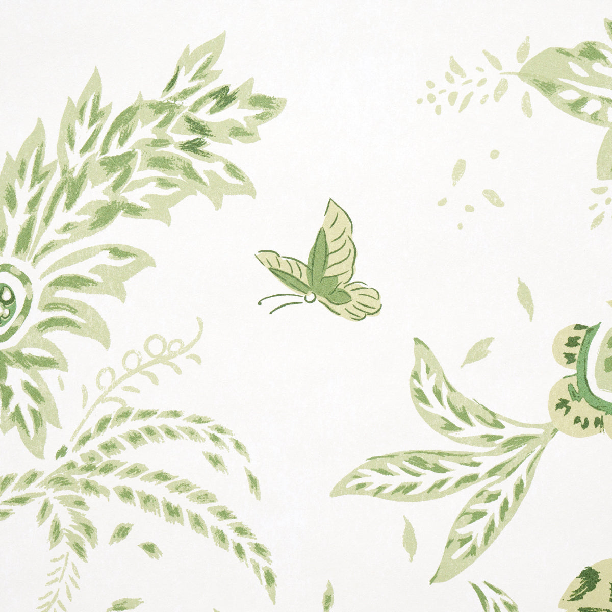 Watercolor-style botanical wallpaper in leaf green with leafy vines and a small butterfly against a pale background.
