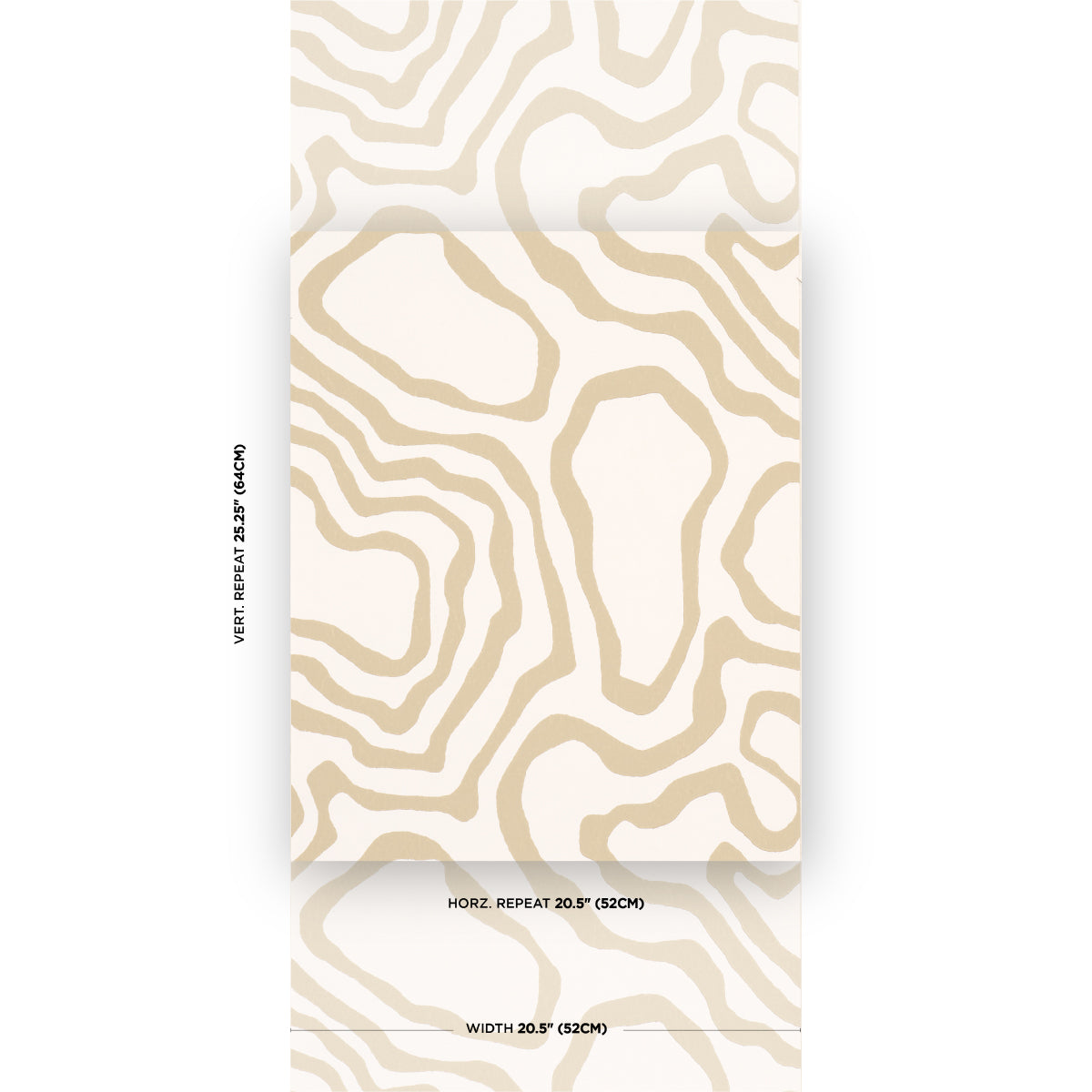 Beige zebra-like wallcovering sample with cream-tan wavy stripes; modern wallpaper for interiors.