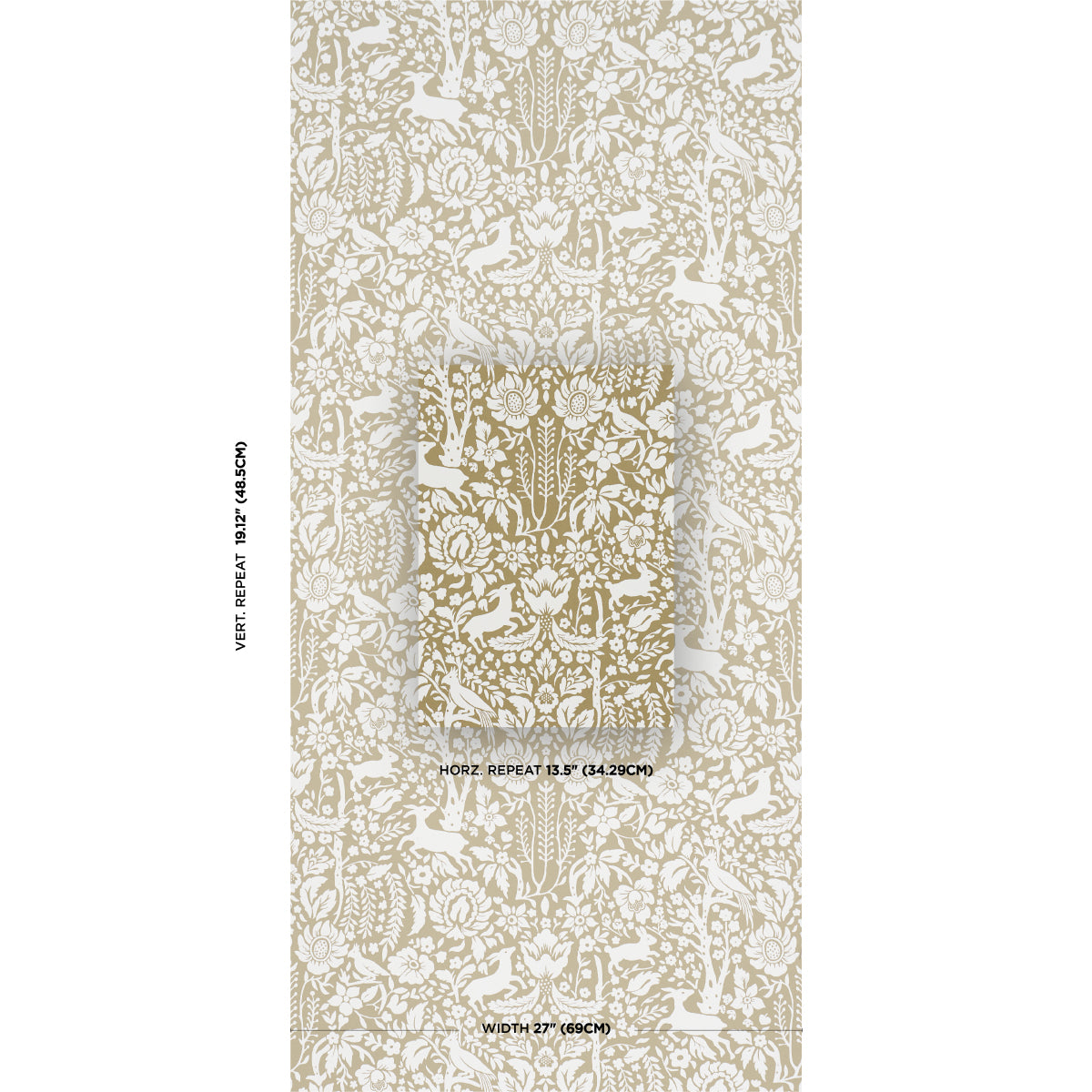 Beige damask wallpaper pattern with ivory floral motifs; vertical repeat for walls.