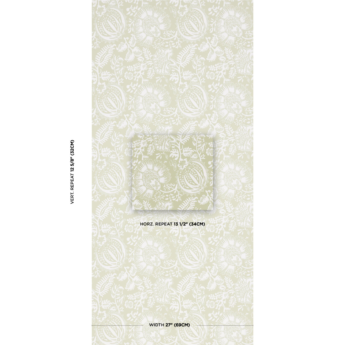 Cream damask floral wallpaper with pale ivory pattern; center sample swatch; 27 in width, 13.5 in horizontal repeat.