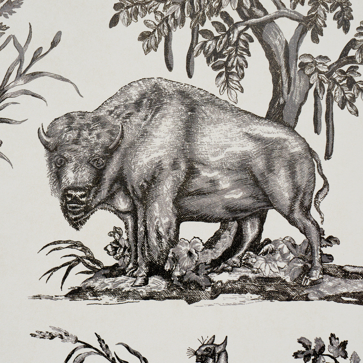 Black-and-white engraving-style illustration of a bear in a forest, detailed vintage wildlife art.