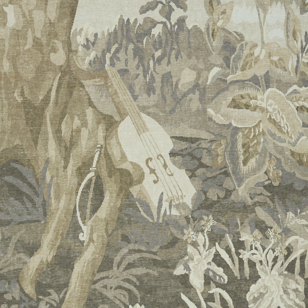 Muted tapestry wall art showing a white violin resting against a tree in a forest scene with cream and olive tones.