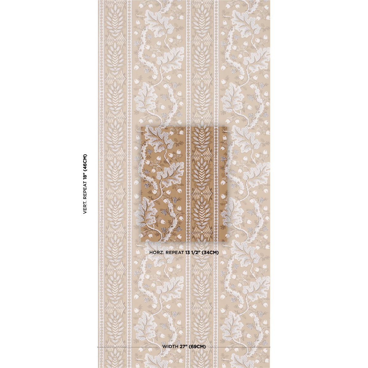Beige wallpaper with white damask vine pattern in vertical panels and a central darker beige band with ornate foliage.
