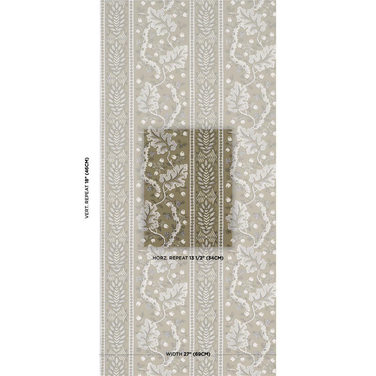Vertical botanical wallpaper in beige and taupe with leafy vine stripes; darker swatch overlay; width 22" (69 cm).