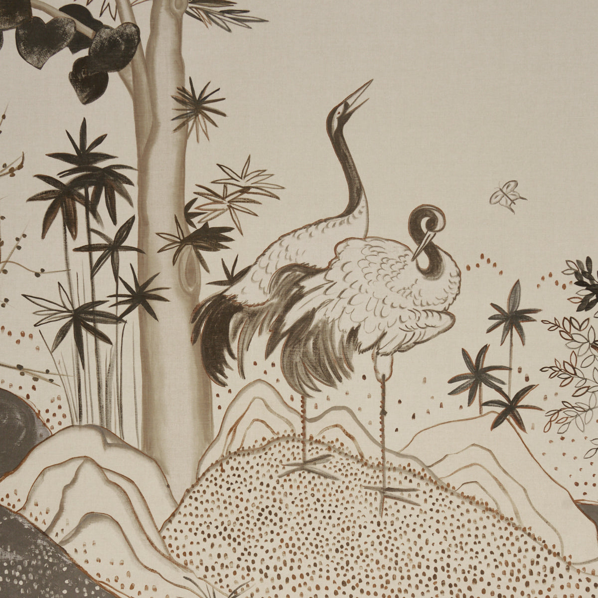 Beige tapestry with brown vintage illustration of two flamingos on a sandy mound amid palm trees.