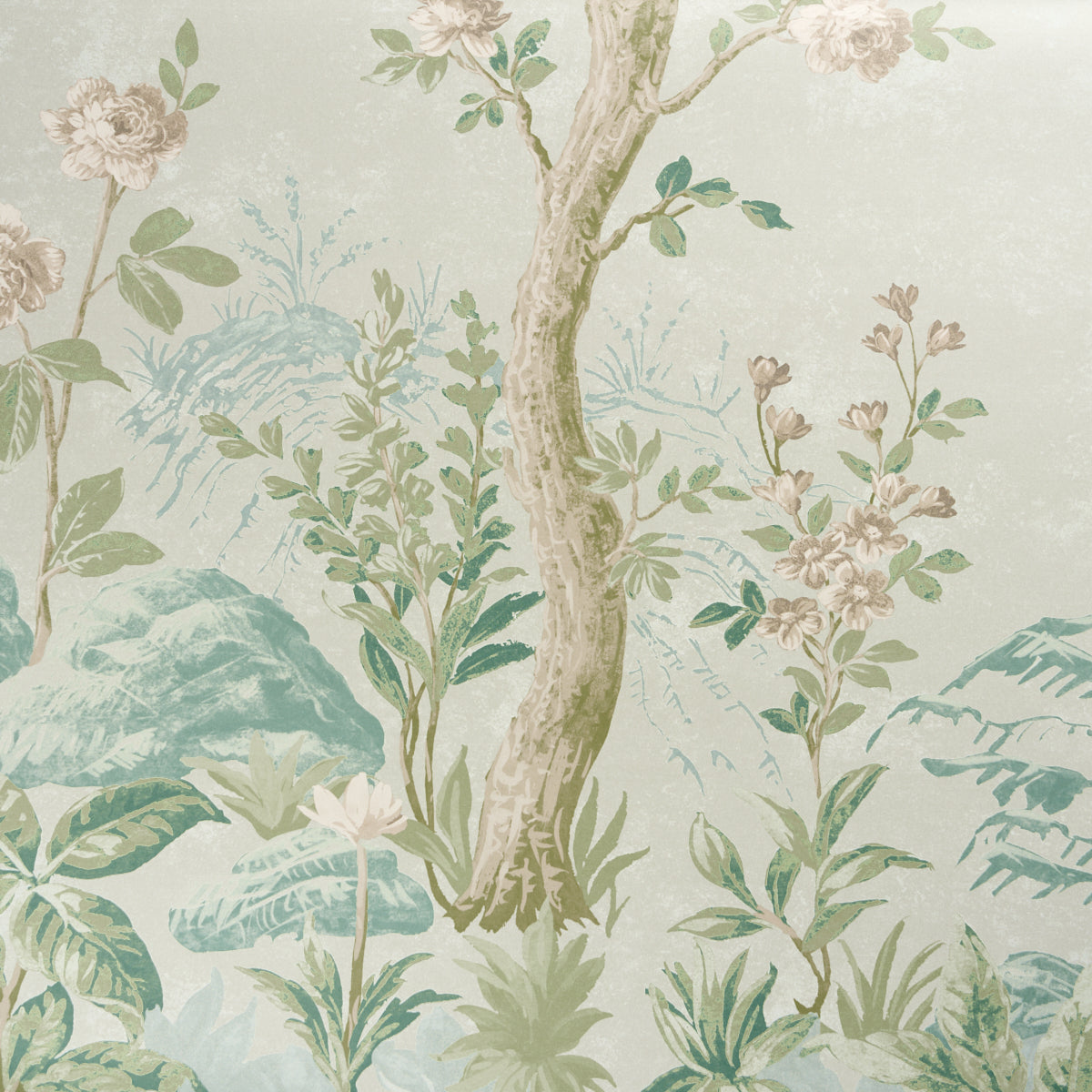 Pastel botanical wallpaper with slender tree trunks, leafy plants, and pale pink blossoms against a soft mountain backdrop.