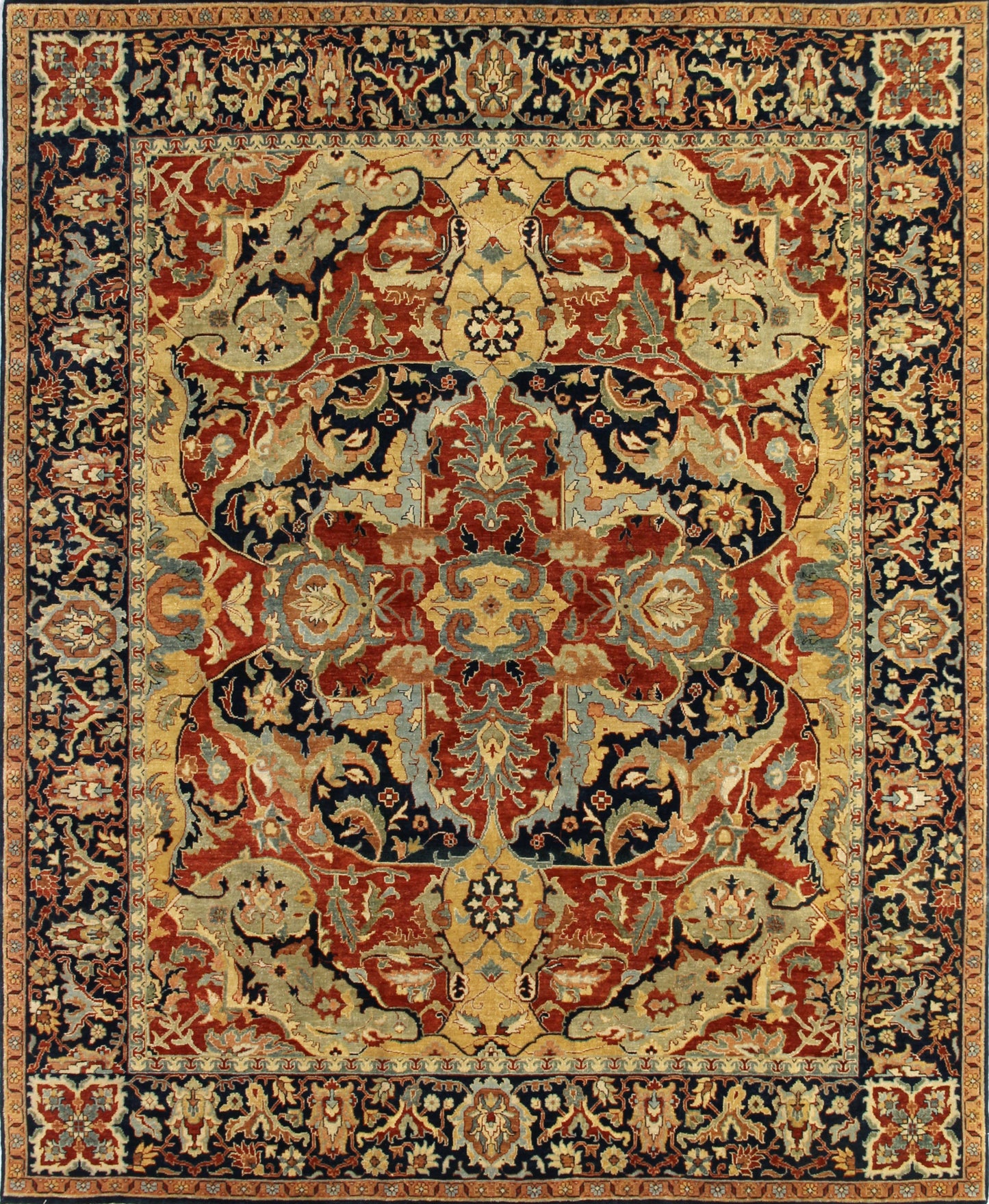 Elegant Persian-style rug featuring intricate floral and paisley patterns in rich reds, golds, and blues. Perfect for decor.