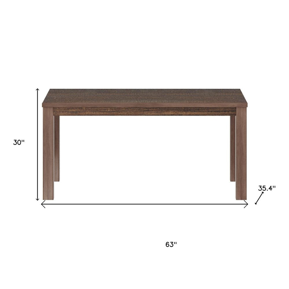 Rectangular espresso solid wood dining table with straight block legs; 35 in long, 30 in high, 35.4 in deep.