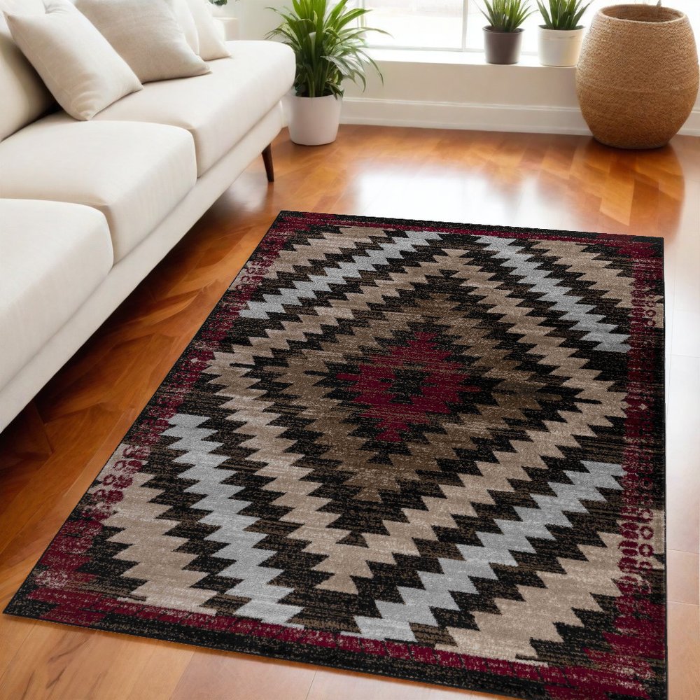 5' X 7' Brown And Red Geometric Area Rug