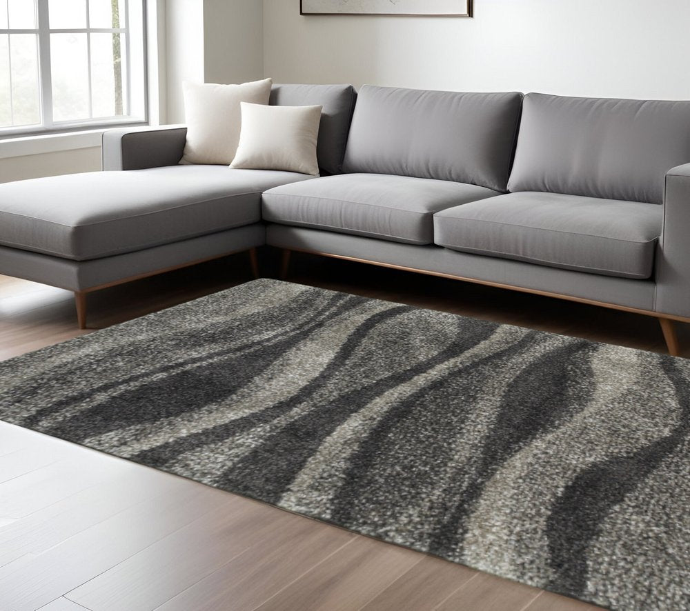 10' X 13' Charcoal Silver And Grey Abstract Shag Power Loom Stain Resistant Area Rug