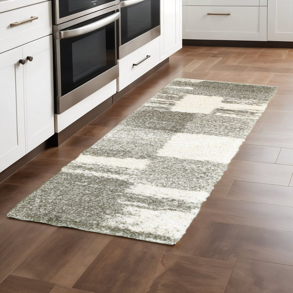 2' X 8' Gray And Ivory Geometric Shag Power Loom Runner Rug