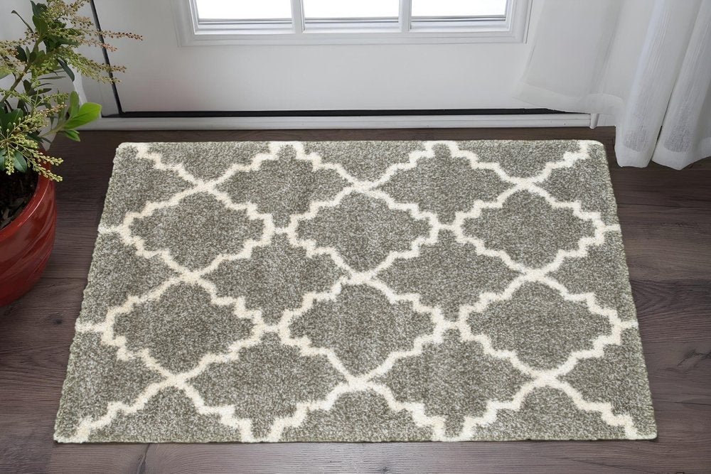 2' X 3' Grey And Ivory Geometric Shag Power Loom Stain Resistant Area Rug